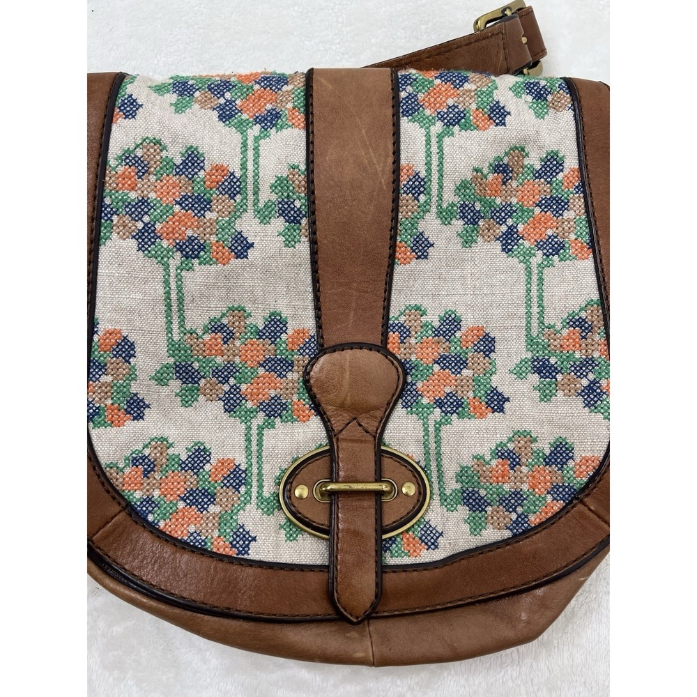 Vintage Fossil Brown Leather Canvas Single Stitch Saddle Bag Shoulder Bag EUC - Picture 2 of 16